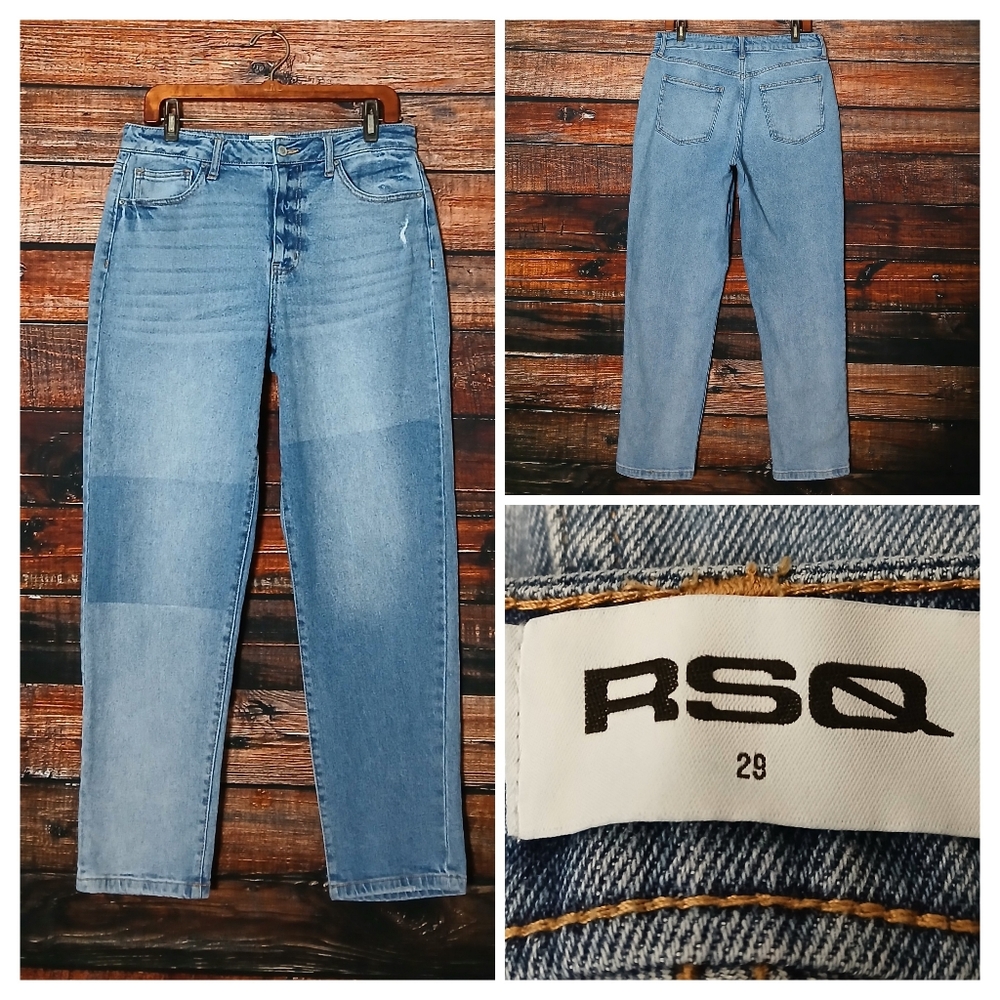RSQ Jeans 29 High Rise Mom Relaxed Straight Ankle Two Toned Wash Denim Stretch